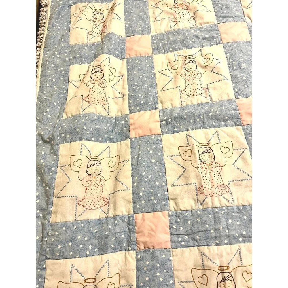 HM Crib Quilt Embroidered Farmhouse Angels Blue Pink Stars Lace 38x45 Country